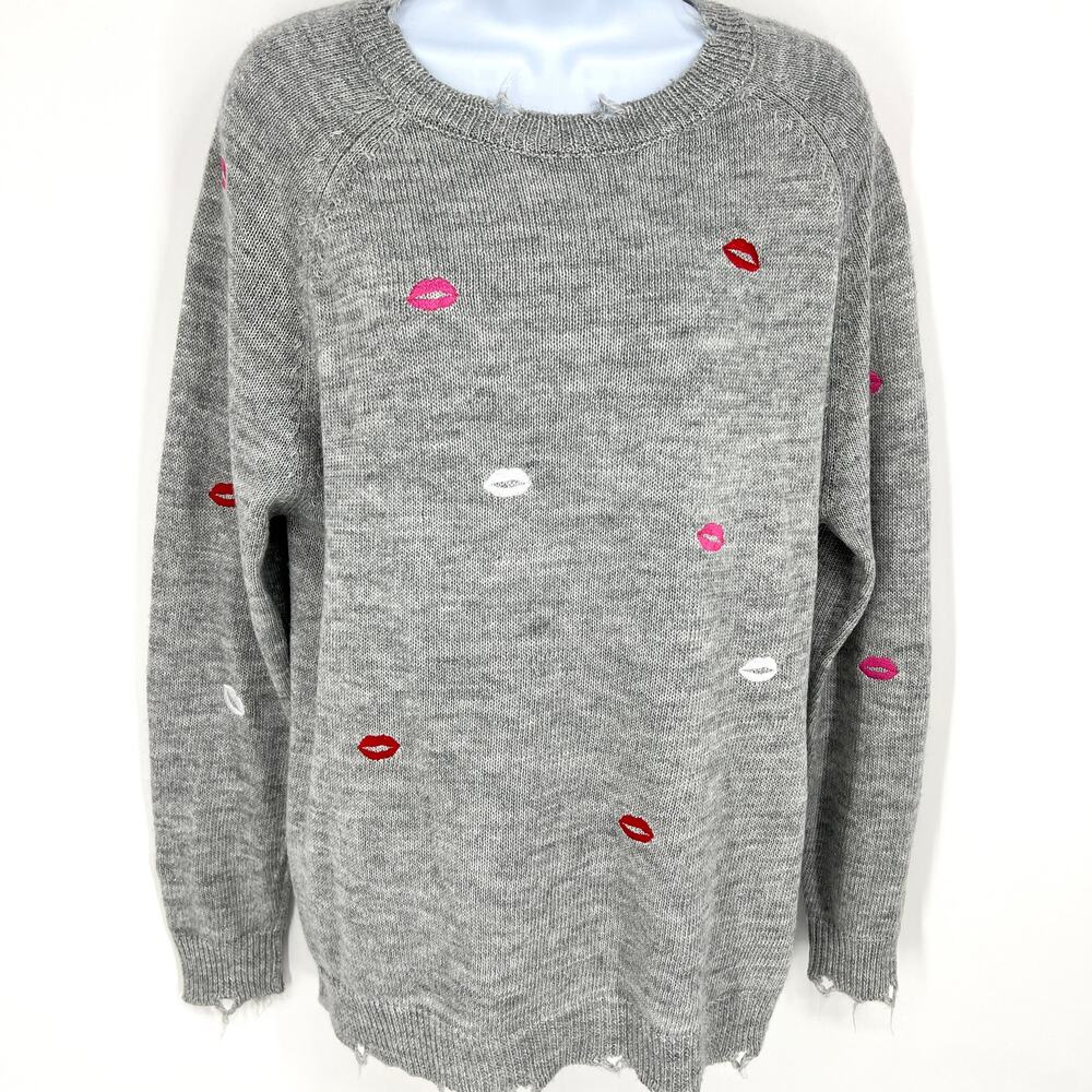 Pink Lily Gray Sweater Lips Kisses All Over Print Intentionally Distressed Sz M